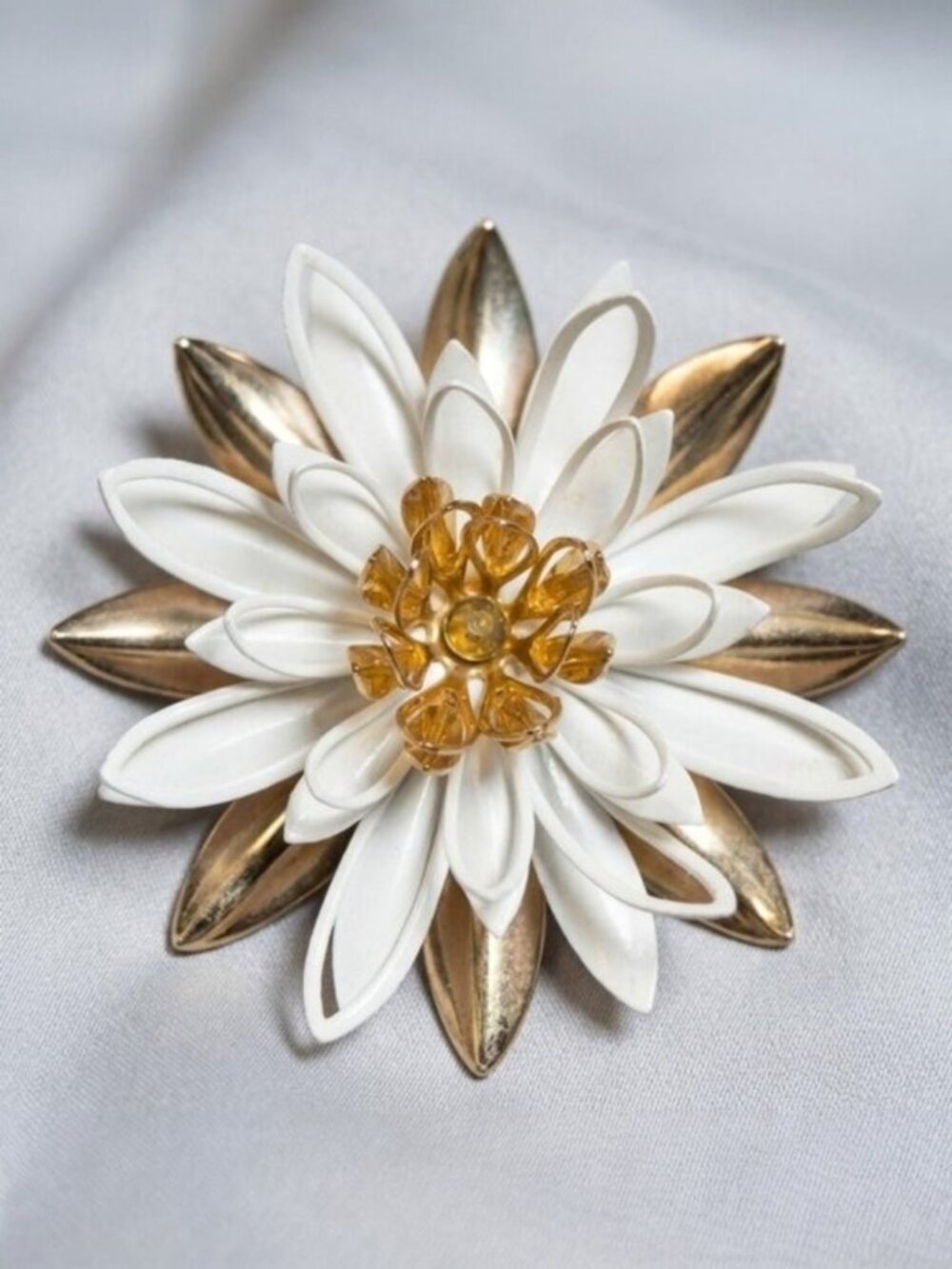 Enamel Flower Brooch Vintage White Gold Tone Layered Petal Floral Pin 2.75 inch